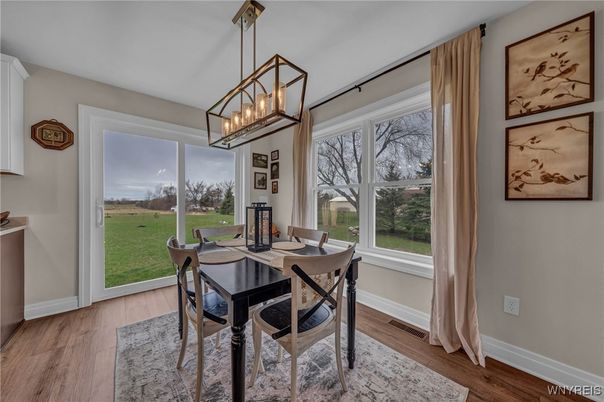 Dining room, Interior, Pendant Lights, Wood Texture Flooring