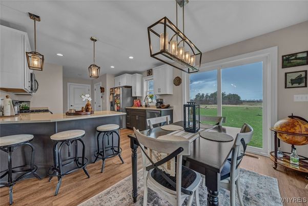 Dining room, Interior, Kitchen, Pendant Lights, Recessed Lighting, Wood Texture Flooring