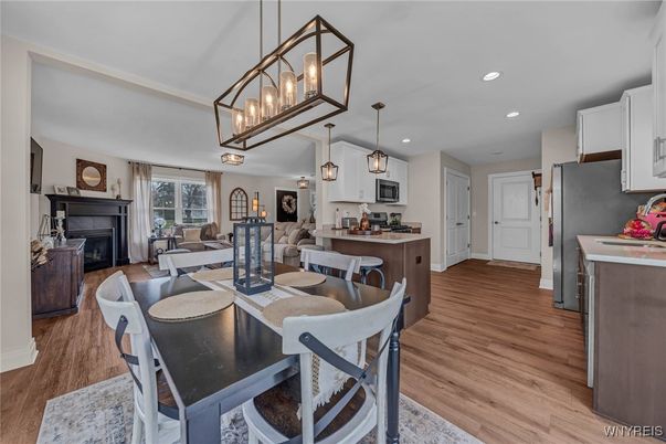 Dining room, Fireplace, Interior, Kitchen, Living room, Pendant Lights, Recessed Lighting, Wood Texture Flooring
