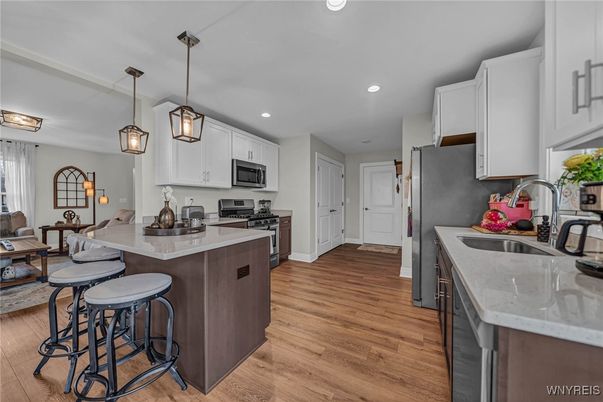 Interior, Kitchen, Pendant Lights, Recessed Lighting, Stainless Steel Appliances, Wood Texture Flooring