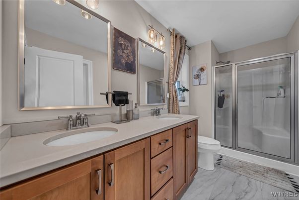 Bathroom, Dual Sink Vanities, Glass Shower, Interior, Marble