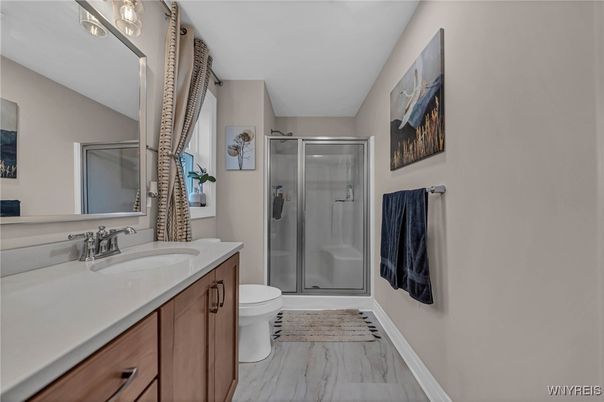 Bathroom, Glass Shower, Interior, Wood Texture Flooring