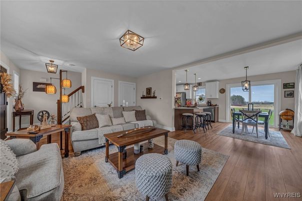 Dining room, Interior, Living room, Pendant Lights, Wood Texture Flooring
