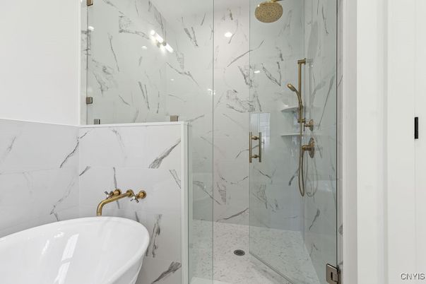 Bathroom, Free Standing Baths, Glass Shower, Interior, Marble Walls