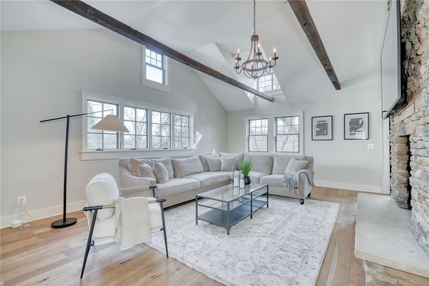 Chandelier, Interior, Living room, Stone Walls, Wooden Beams, Wood Texture Flooring