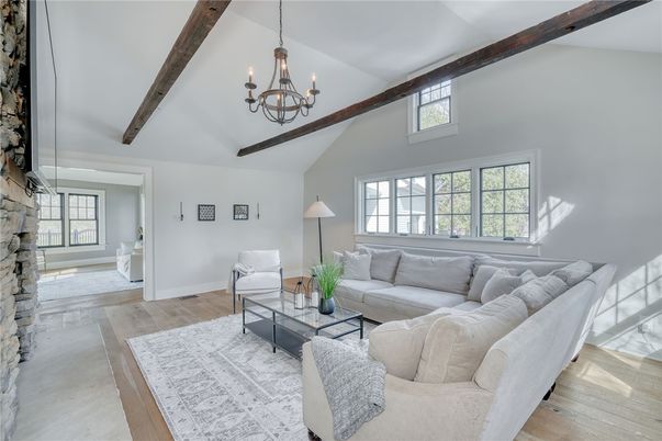 Chandelier, Interior, Living room, Stone Walls, Wooden Beams, Wood Texture Flooring