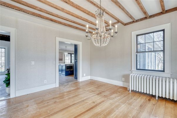 Chandelier, Empty room, Interior, Kitchen, Pendant Lights, Wooden Beams, Wood Texture Flooring