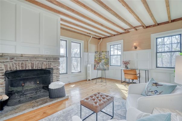 Fireplace, Interior, Living room, Wooden Beams, Wood Texture Flooring