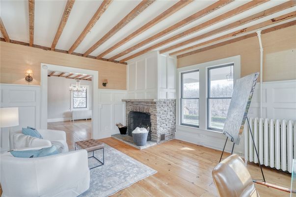 Fireplace, Interior, Living room, Pendant Lights, Wooden Beams, Wood Texture Flooring