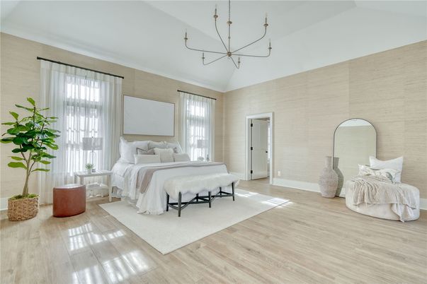 Bedroom, Chandelier, Interior, Wood Texture Flooring