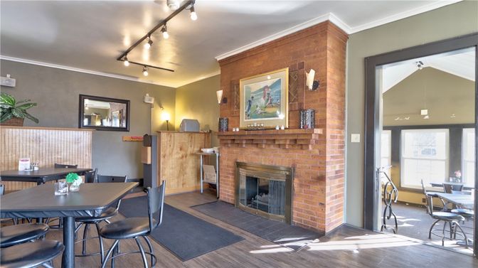 Dining room, Fireplace, Interior, Stone Walls, Wood Texture Flooring