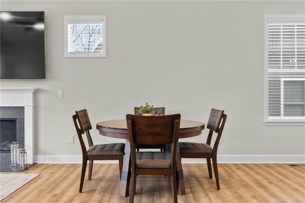 Dining room, Fireplace, Interior, Wood Texture Flooring