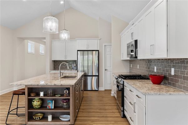 Interior, Kitchen, Pendant Lights, Stainless Steel Appliances, Wood Texture Flooring