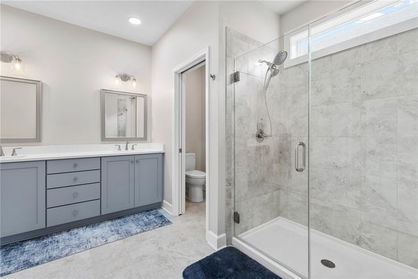 Bathroom, Dual Sink Vanities, Glass Shower, Interior, Recessed Lighting