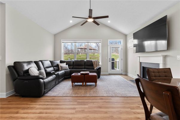 Fireplace, Interior, Living room, Recessed Lighting, Wood Texture Flooring