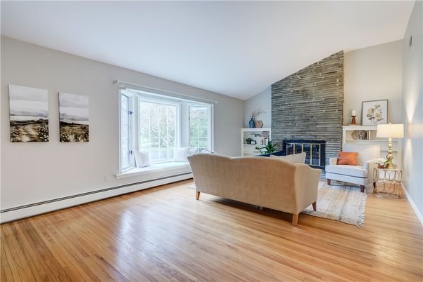 Fireplace, Interior, Living room, Stone Walls, Wood Texture Flooring