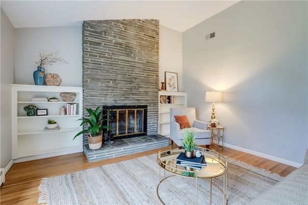 Fireplace, Interior, Living room, Stone Walls, Wood Texture Flooring