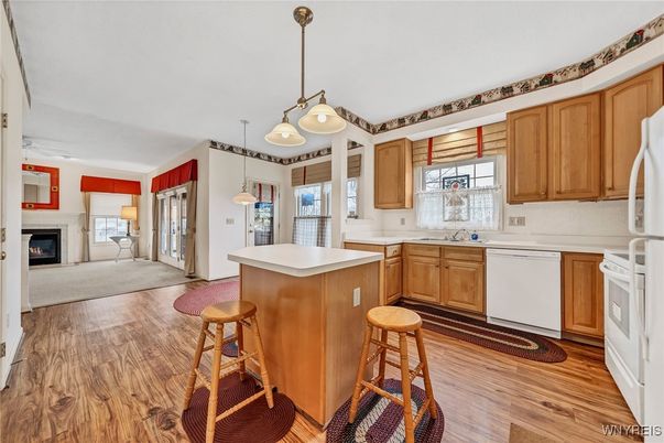 Fireplace, Interior, Kitchen, Pendant Lights, Wood Texture Flooring