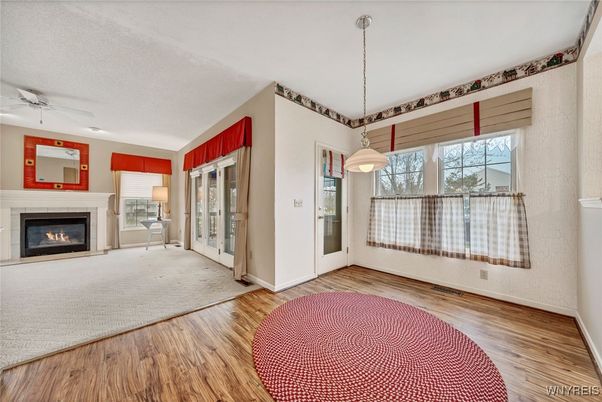 Empty room, Fireplace, Interior, Pendant Lights, Wood Texture Flooring