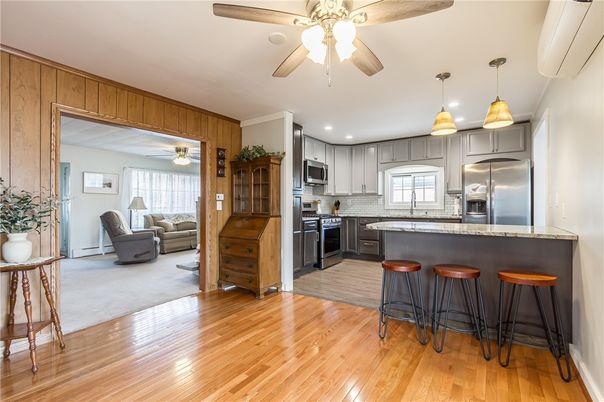 Interior, Kitchen, Living room, Pendant Lights, Recessed Lighting, Stainless Steel Appliances, Wood Texture Flooring