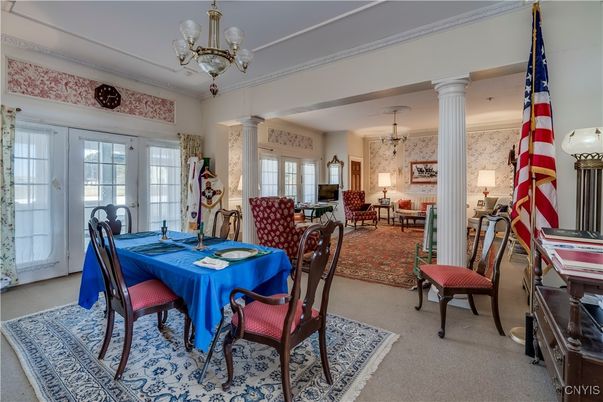 Chandelier, Dining room, Fireplace, Interior, Living room