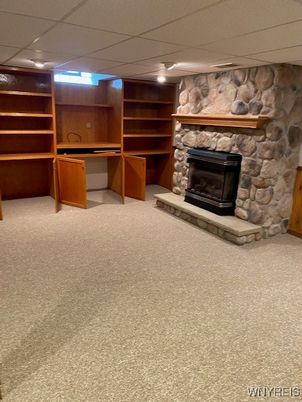 Fireplace, Interior, Recessed Lighting, Stone Walls