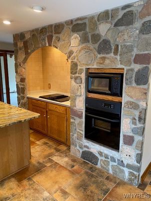 Interior, Kitchen, Recessed Lighting, Stone Walls