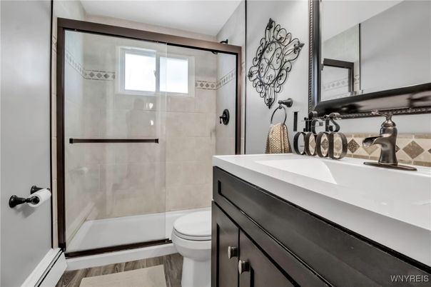Bathroom, Glass Shower, Interior, Wood Texture Flooring