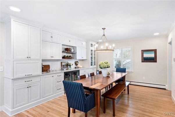 Dining room, Interior, Pendant Lights, Recessed Lighting, Wood Texture Flooring