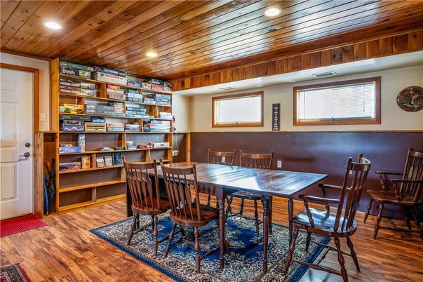 Dining room, Interior, Recessed Lighting, Wooden Ceilings, Wood Texture Flooring