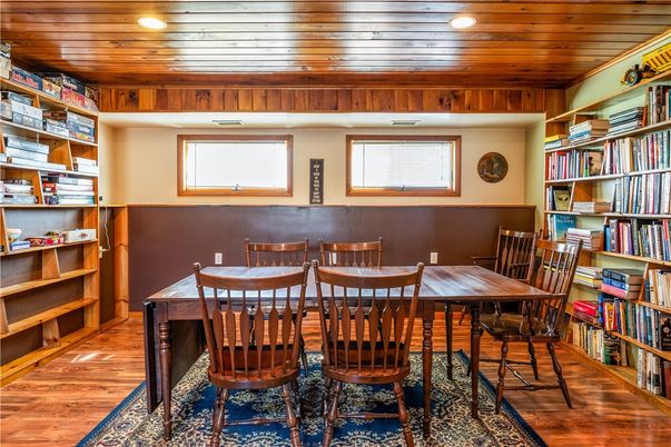 Dining room, Interior, Recessed Lighting, Wooden Ceilings, Wood Texture Flooring