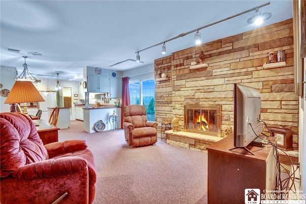 Fireplace, Interior, Kitchen, Living room, Pendant Lights, Stone Walls