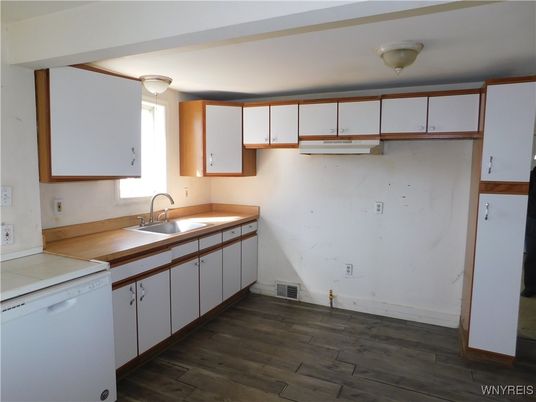Interior, Kitchen, Tile Countertops, Wood Texture Flooring