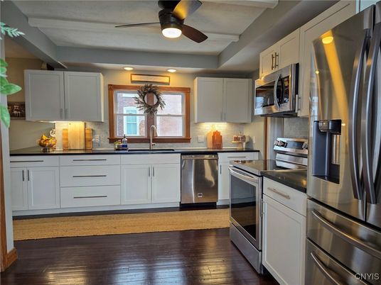 Interior, Kitchen, Recessed Lighting, Stainless Steel Appliances, Wood Texture Flooring