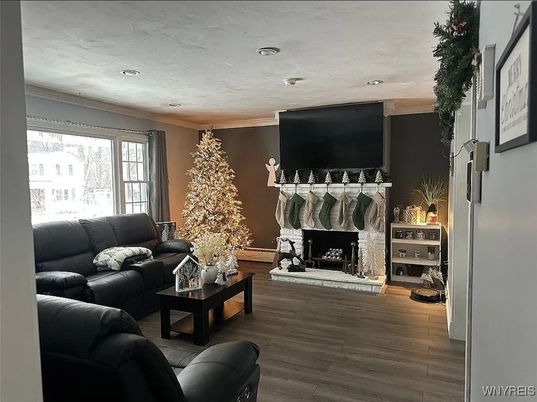 Fireplace, Interior, Living room, Recessed Lighting, Wood Texture Flooring