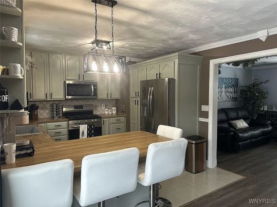 Interior, Kitchen, Pendant Lights, Stainless Steel Appliances, Wood Texture Flooring