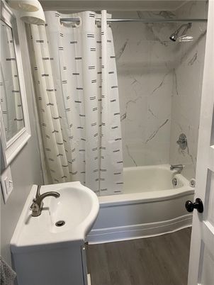Bathroom, Interior, Marble Walls, Wood Texture Flooring
