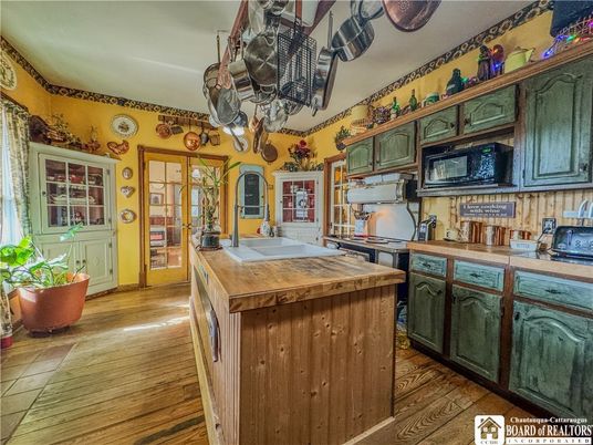 Interior, Kitchen, Tile Countertops, Wood Texture Flooring