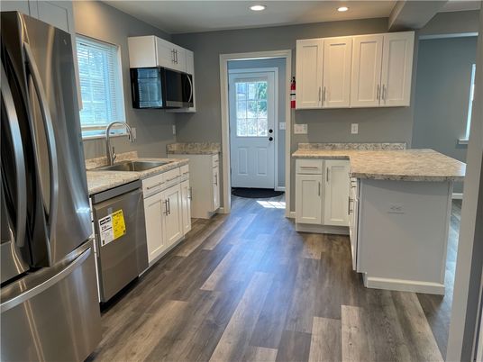 Interior, Kitchen, Recessed Lighting, Stainless Steel Appliances, Wood Texture Flooring