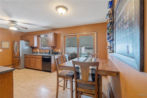 Dining room, Interior, Kitchen, Stainless Steel Appliances, Wood Texture Flooring