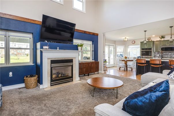 Dining room, Fireplace, Interior, Kitchen, Living room, Pendant Lights