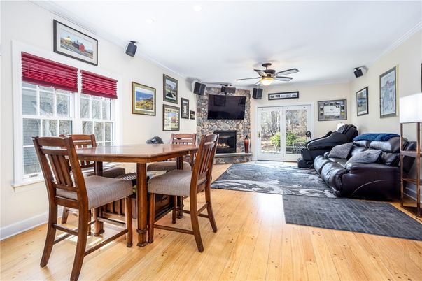 Dining room, Fireplace, Interior, Living room, Wood Texture Flooring