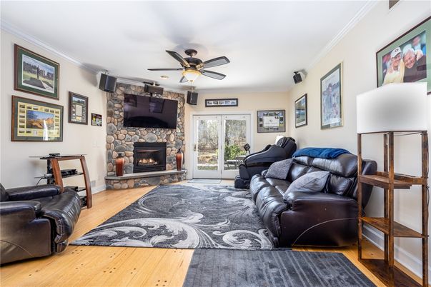 Fireplace, Interior, Living room, Stone Walls, Wood Texture Flooring