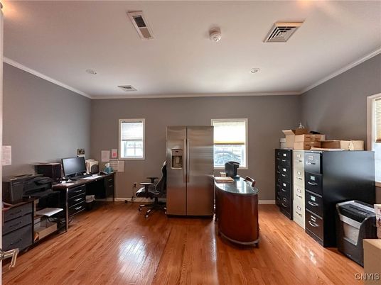 Home Office, Interior, Kitchen, Recessed Lighting, Stainless Steel Appliances, Wood Texture Flooring