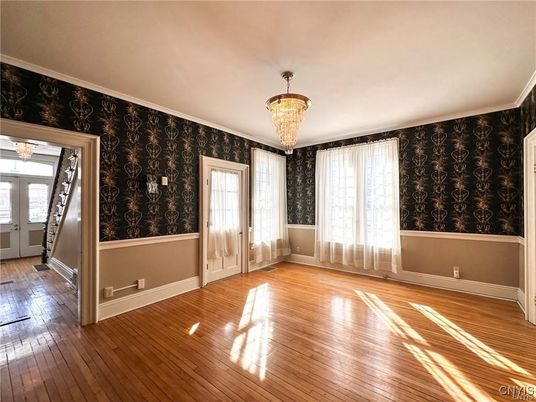 Chandelier, Empty room, Interior, Wood Texture Flooring