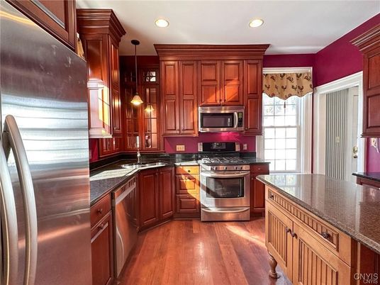 Interior, Kitchen, Pendant Lights, Recessed Lighting, Stainless Steel Appliances, Wood Texture Flooring