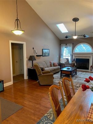Fireplace, Interior, Living room, Pendant Lights, Wood Texture Flooring