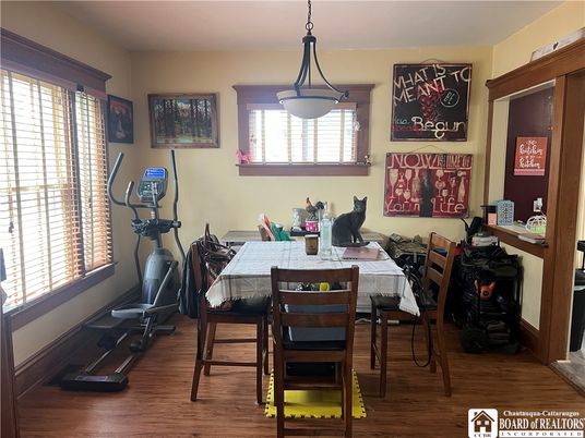 Dining room, Fitness Equipment, Interior, Pendant Lights, Wood Texture Flooring