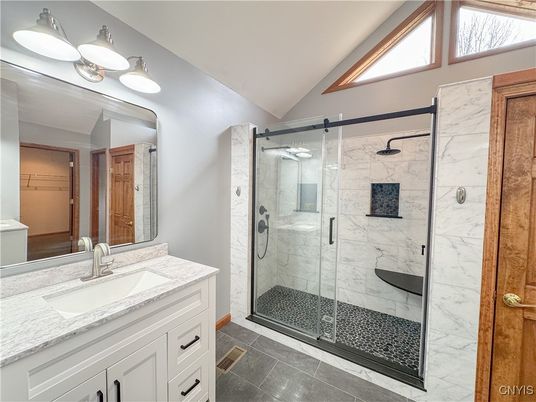 Bathroom, Dual Sink Vanities, Glass Shower, Interior, Marble Walls