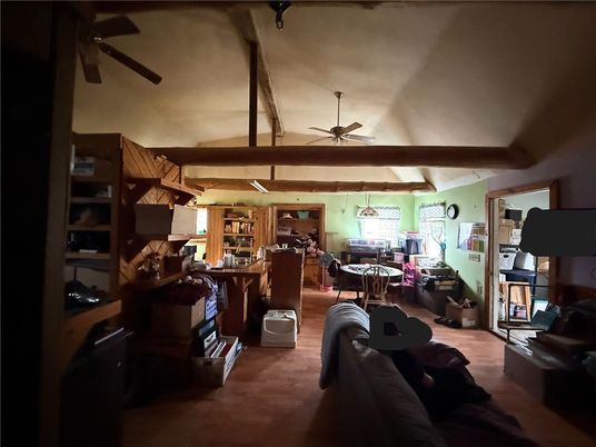 Dining room, Interior, Living room, Pendant Lights, Wooden Beams, Wood Texture Flooring